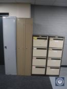 Two metal four drawer filing cabinets with keys,
