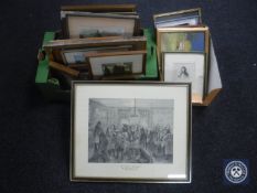 Two boxes containing a quantity of antiquarian and later pictures and prints including monochrome