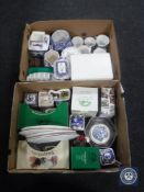 Two boxes of boxed and unboxed Ringtons china - wall plates, vases, caddies, tin,