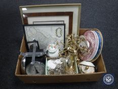 A box of brass light fitting with glass drops, assorted wall plates, china, kitchen scales,
