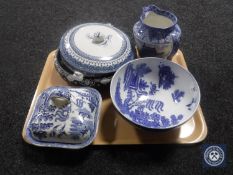 A tray of Maling Cetem ware bowl, dish and shallow fruit bowl, Royal Cauldron blue and white jug,