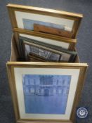 A box of assorted gilt framed prints, picture frames,