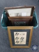 Three boxes containing assorted pictures, glass ware, Chad Valley money box, drinking glasses,