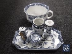 A Lossal ware blue and white five piece trinket set with matching chamber pot