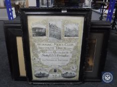 A framed early 20th century working men's club institute union certificate for the Stanley ROEB