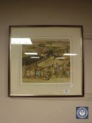 A hand-coloured etching depicting The Grand National, 33cm by 30cm, framed.