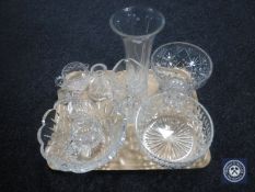 A tray of assorted glass ware - lead crystal candle holders, fruit bowls,