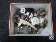 Two boxes of glass lenses, rock samples, silver rimmed bottle, coins, costume jewellery,