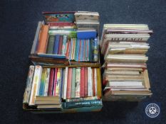 Three boxes containing 20th century books, novels, Penguin paperbacks, children's Ladybird books,