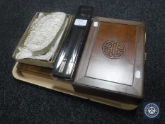 A tray of oriental style trinket box, backgammon set, vintage purse,