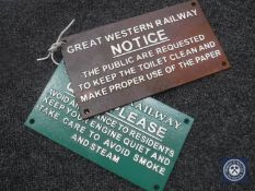 Two cast metal railway notices
