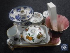 A tray of Evesham oven dishes and jugs, Delft china, Minton bowl,