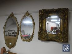 A contemporary Victorian style bevelled edge mirror together with two gilt metal framed mirrors