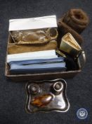 A box containing vintage handbags and beaded purse, snakeskin purse, fur wrap,