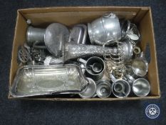 A box of antique and later plated ware, pewter tankards,