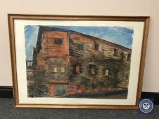 Donald James White : Untitled brick building, watercolour and chalks, 84 cm x 59 cm, framed.