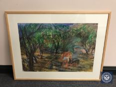 Donald James White : Mete Oyel burning litter in the Almond grove, Lotus Dutcha, watercolour,