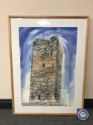 Donald James White : Tower House, watercolour and charcoal, 55 cm x 80 cm, framed.