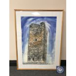 Donald James White : Tower House, watercolour and charcoal, 55 cm x 80 cm, framed.