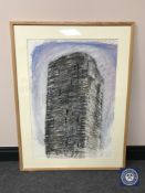 Donald James White : Tower House, watercolour and charcoal, 55 cm x 80 cm, framed.