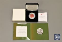 A 2016 Remembrance Day silver proof 1oz £5 coin by The Jubilee Mint, a limited edition of 999,