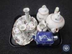 A tray of Maling blue and white tea service, five-piece trinket set on tray,