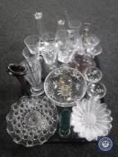 Two trays of assorted glass ware : drinking glasses, water jug, vases,