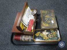 A tray of vintage tins, sewing equipment, mahogany cased artist's set,