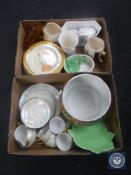 Two boxes of lustre china, Ringtons ware, commemorative mugs and plates,