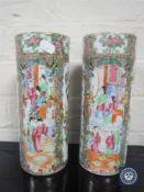 A pair of Canton porcelain cylindrical famille rose vases,