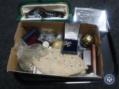 A tray of costume jewellery, silver fob watch, beaded purse, compact, china dolls, cars,