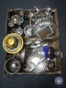 Two boxes of plated ware : tea and coffee pots, two samovar,