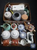 Two boxes of antique and novelty teapots and kitchen storage jars