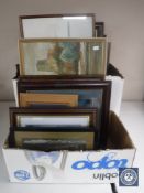 Two boxes of assorted pictures and prints - aircraft, oil of Durham Cathedral,