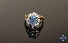 An 18ct gold triplet opal and diamond cluster ring,