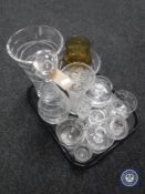 A tray of assorted glass ware including decanters, vases,