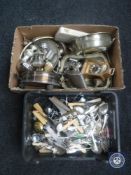 A box and crate of miscellaneous flat ware and plated ware, mantel clock,