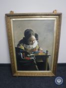 A gilt framed oil on canvas of a woman sewing CONDITION REPORT: The canvas measures