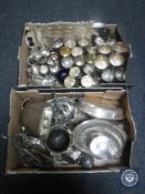 Two boxes of plated wares : serving trays, goblets, miniature wine coolers,