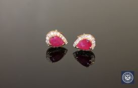 A pair of 14ct yellow gold ruby and diamond earrings,