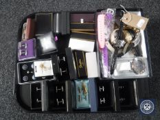 A tray of a large collection of boxed cuff links including Jeff Banks, assorted wrist watches,
