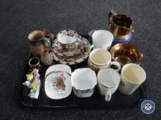 A tray of commemorative mugs and beakers, copper lustre china, Spode Cabinet Collection basket,