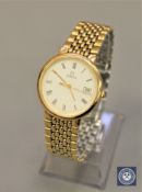 A gent's gold-plated Omega De Ville calendar wristwatch, quartz movement,