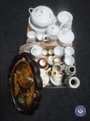 A tray of Japanese Anatole dinner ware and a box of pair of Japanese crackle glazed vases (a/f),