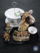 A tray of Royal Doulton comport, Royal Worcester oven dish, two Goebel figures,