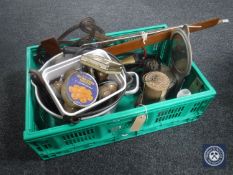 A box of jam pan, antique copper kettle, carpet beater, vintage foot pump, oil lamp,