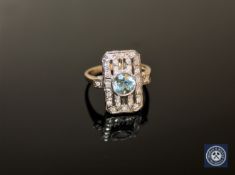 An Art Deco style blue topaz and diamond ring,
