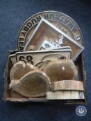 A box of five wooden chopping boards, wooden signs including East Leeds amateur rugby,