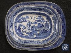 Four graduated antique blue and white meat plates