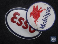 Two cast metal plaques - "Esso and Mobile Gas"